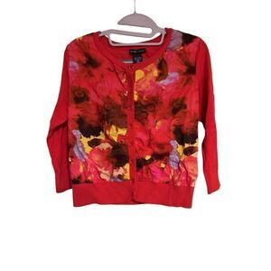 New York & Company Cardigan Womens Size XS Red Floral Sweater Button Artsy Flowe